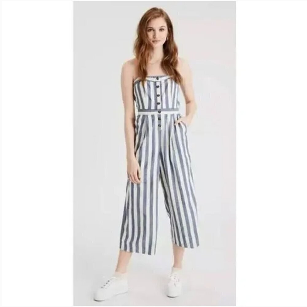 American Eagle Womens Striped Linen Blend Wide Leg Cropped Jumpsuit-Size M